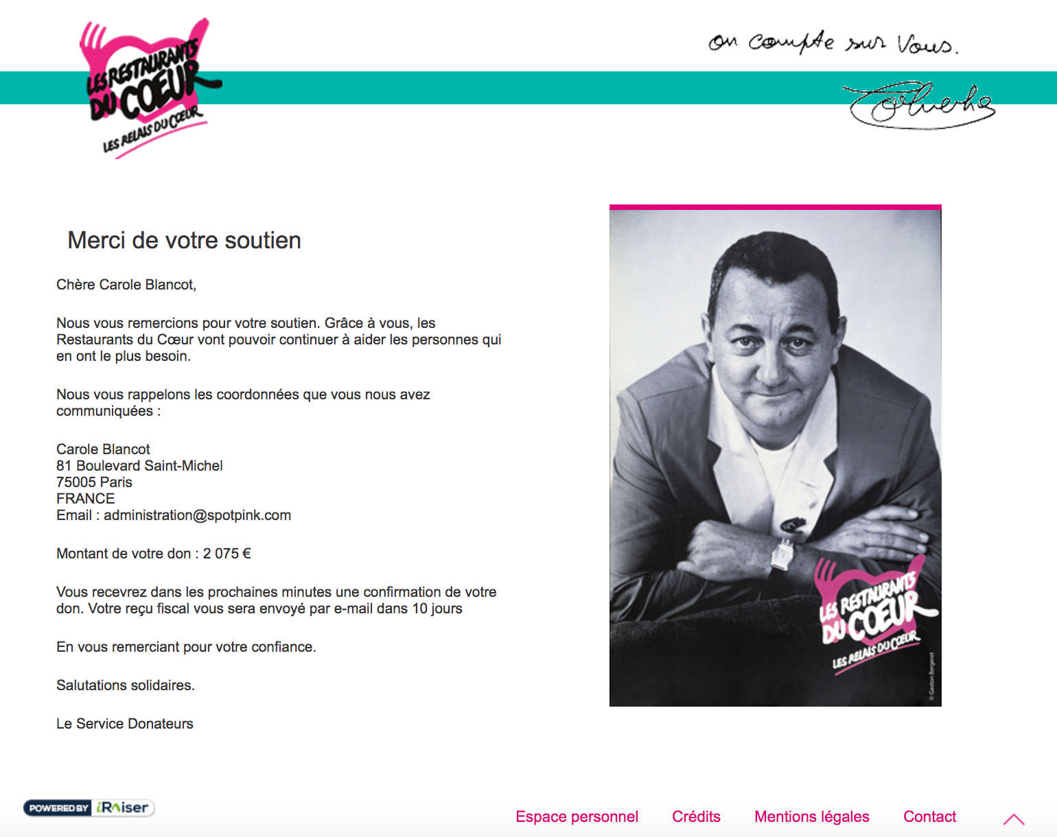 Confirmation de don aux Restos du coeur